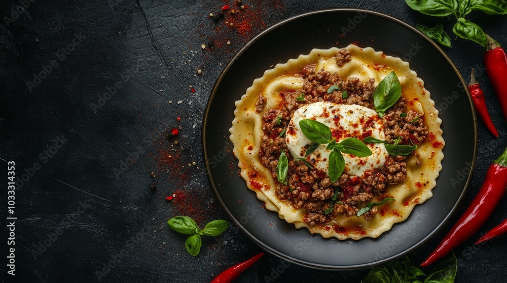 A close-up of a delicious ravioli dish with meat sauce, topped with a dollop of ricotta cheese and fresh basil leaves. A close-up of a delicious ravioli dish with meat sauce, topped with a dollop of ricotta cheese and fresh basil leaves.