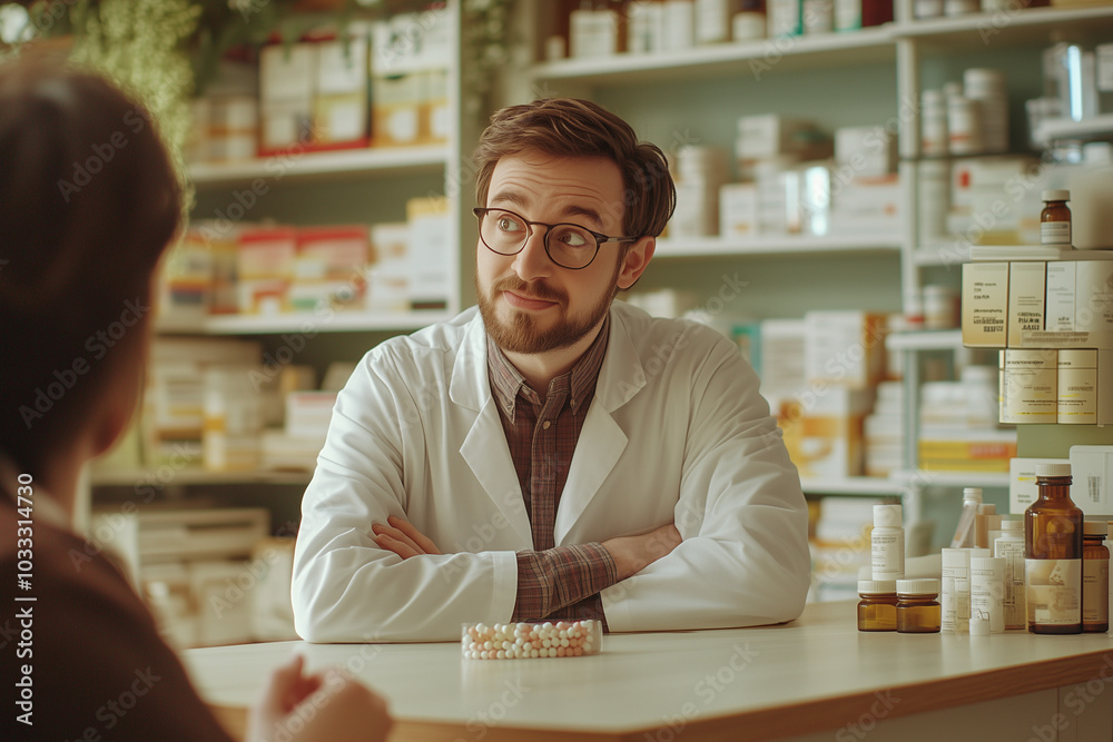 Portrait of pharmacist in drugstore with plenty of medicine on shelf, Selective focus pharmacist wearing gown and glasses give advice to patient. Portrait of pharmacist in drugstore with plenty of medicine on shelf, Selective focus pharmacist wearing gown and glasses give advice to patient.