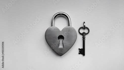 Close up of a heart shaped metal padlock and old fashioned iron key  The image symbolizes security privacy confidentiality and restricted access to something valuable or personal