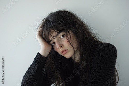 Sad girl and mental health, exploring the relationship between sadness and mental health on solid white background,