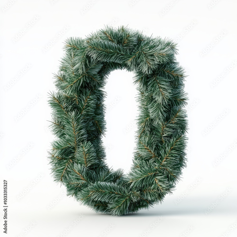 3D number 0 with Christmas tree branches realistic modern design, soft lighting, white background 3D number 0 with Christmas tree branches realistic modern design, soft lighting, white background