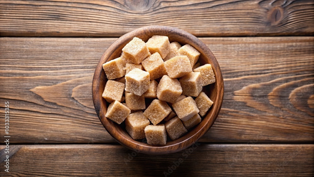 Fototapeta premium Bowl of cane sugar cubes on a wooden table in fisheye perspective