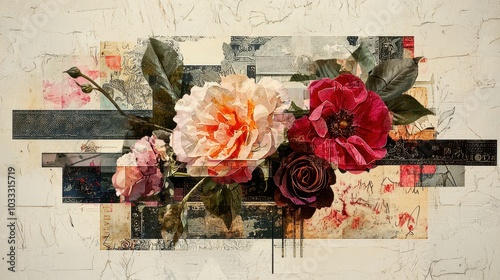 Artistic floral collage with vintage textures and colors