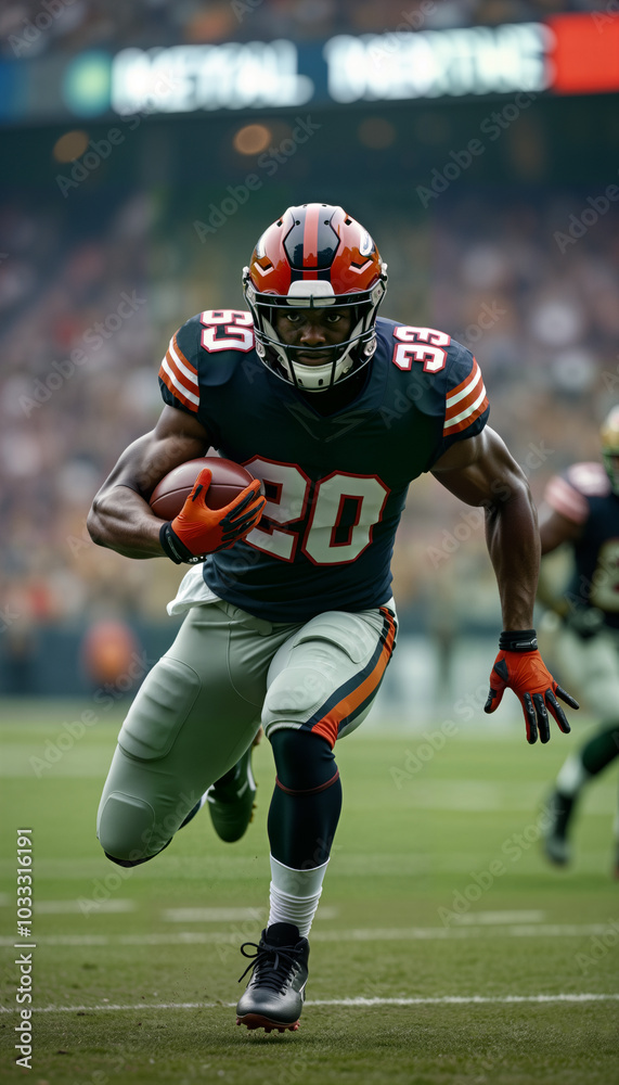 A dynamic football player sprints down the field, showcasing athleticism and determination. Action-packed image is perfect for sports marketing, team promotions, and athletic apparel advertisements A dynamic football player sprints down the field, showcasing athleticism and determination. Action-packed image is perfect for sports marketing, team promotions, and athletic apparel advertisements