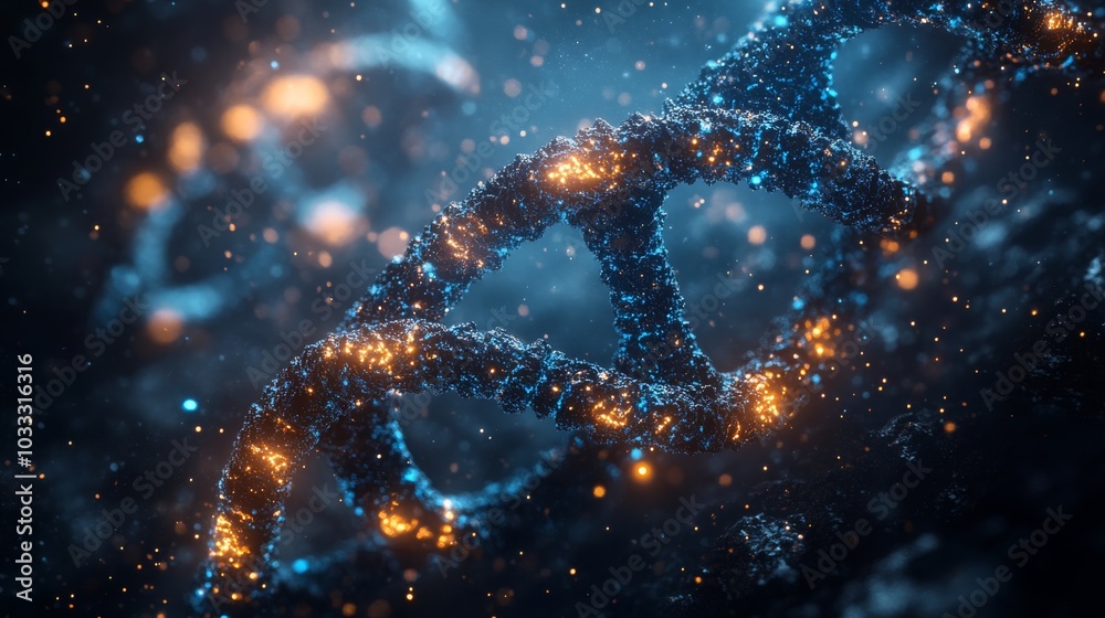 3D Rendering of a Double Helix DNA Structure with Glowing Particles on a Blue Background
3D Rendering of a Double Helix DNA Structure with Glowing Particles on a Blue Background