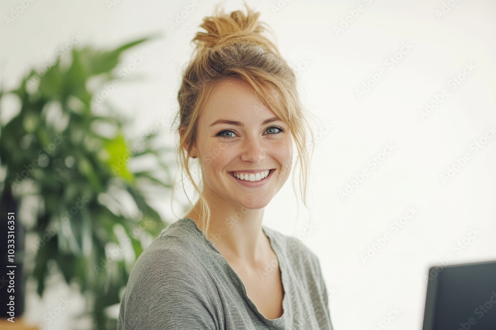 Smiling woman in workplace engaging in tasks on solid white background, Smiling woman in workplace engaging in tasks on solid white background,