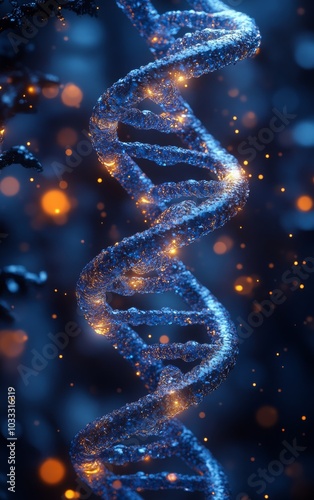 3D Rendering of a Double Helix DNA Structure with Glowing Particles on a Blue Background