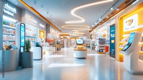 Modern Pharmacy Interior Design with Self-Checkout Kiosks.