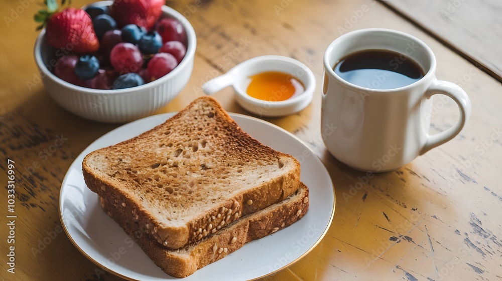 a cozy breakfast scene with a white plate containing two slices of whole grain toast, a bowl of fresh fruit with strawberries, blueberries, and grapes, and a white mug with coffee a cozy breakfast scene with a white plate containing two slices of whole grain toast, a bowl of fresh fruit with strawberries, blueberries, and grapes, and a white mug with coffee