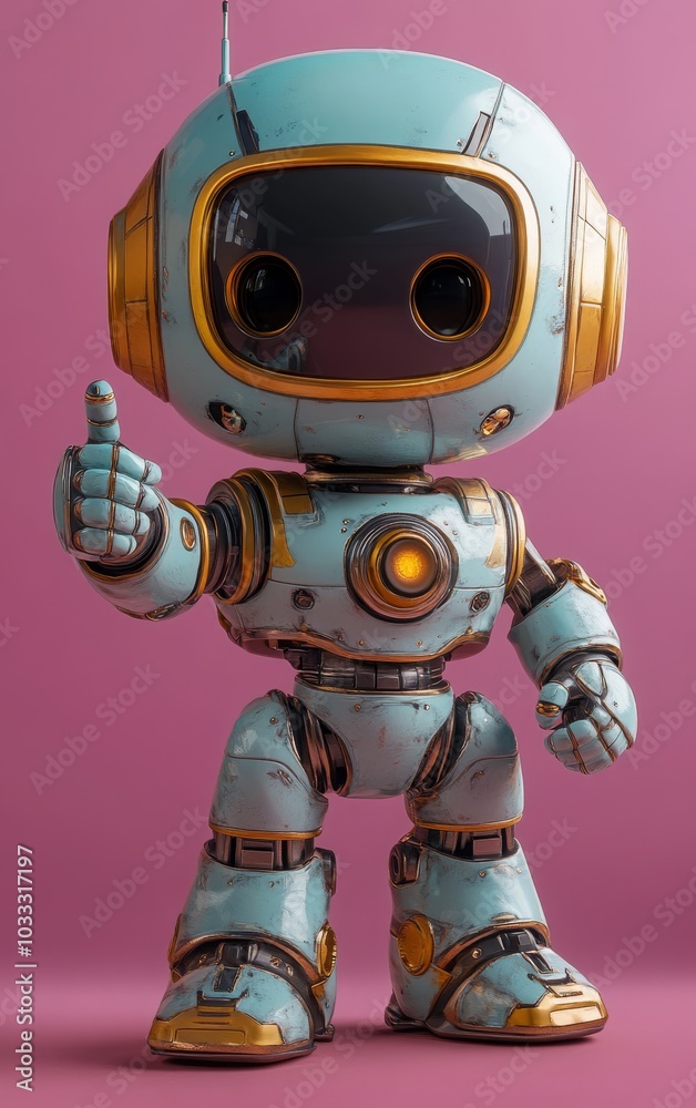 Cute 3D Robot Character Pointing Upward with Blue and Teal Colors on a Purple Background Cute 3D Robot Character Pointing Upward with Blue and Teal Colors on a Purple Background