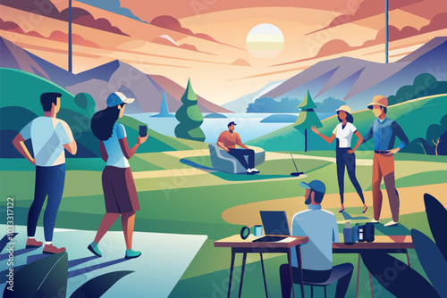 Gathering of friends at scenic golf club for outdoor meeting at sunset