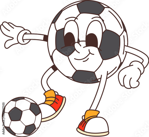 Cartoon retro groovy soccer ball character playing football, vector funny comic art. Groovy retro cartoon soccer or football ball character with happy face playing sport match goal for freaky emoji