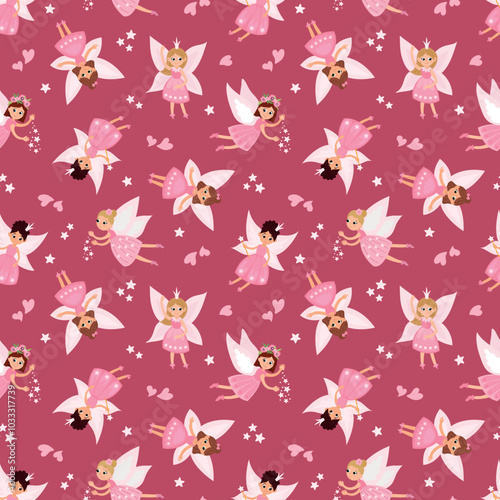 Magical Seamless Pattern with Fairies. Design for fabric, textile, wallpaper, packaging, nursery.	
