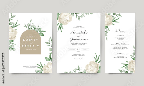 Elegant wedding invitation template set of white roses green leaves