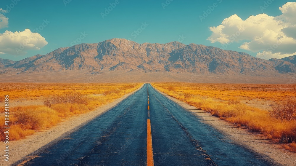 Fototapeta premium Vintage-Style Desert Highway with Mountains and Yellow Grass, American Landscape