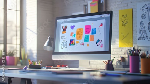 A bright workspace featuring a computer displaying colorful artwork, surrounded by plants and stationery, creating an inspiring creative environment.