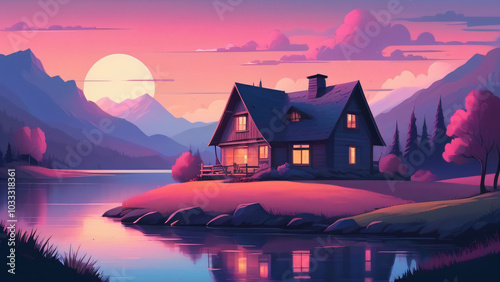 Pink blue twilight above solitary cottage lakeside mountains 2D cartoon illustration. Countryside retreat lofi wallpaper background lo-fi art. Rural solitude flat image cozy chill vibe