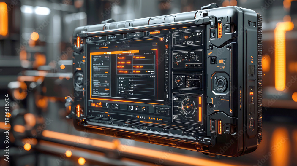 Futuristic device with a digital interface and orange accents, showcasing advanced technology. Futuristic device with a digital interface and orange accents, showcasing advanced technology.