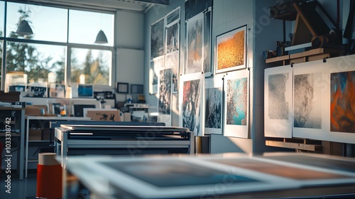 A bright art studio filled with printed artworks displayed on walls, tables, and an inviting atmosphere for creativity.