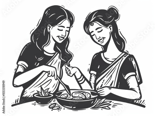 Illustration of Two Women Cooking Together