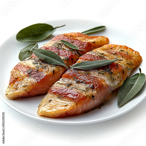 Grilled fish fillets garnished with fresh sage leaves on a white plate.