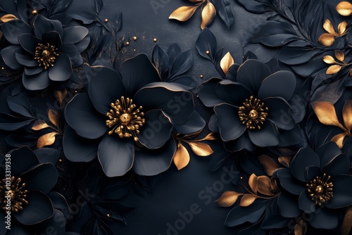 Black and Gold Floral Background with 3D Flowers and Leaves