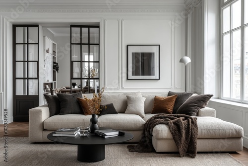 Modern scandianvian living room with design sofa with elegant blanket, coffee table and bookstand on the white wall. Brown wooden parquet. Concept of minimalistic, Generative AI photo