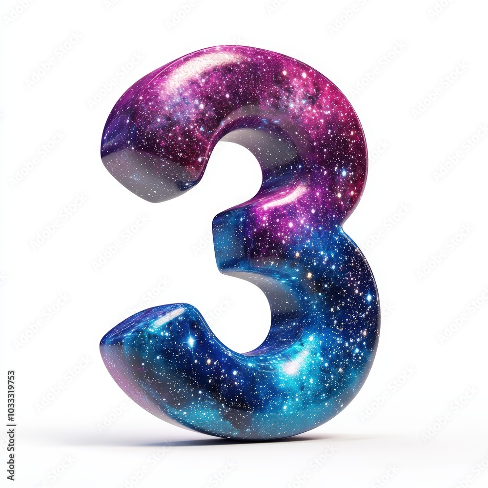 3D number 3 with galaxy print realistic modern design, soft lighting, white background 3D number 3 with galaxy print realistic modern design, soft lighting, white background