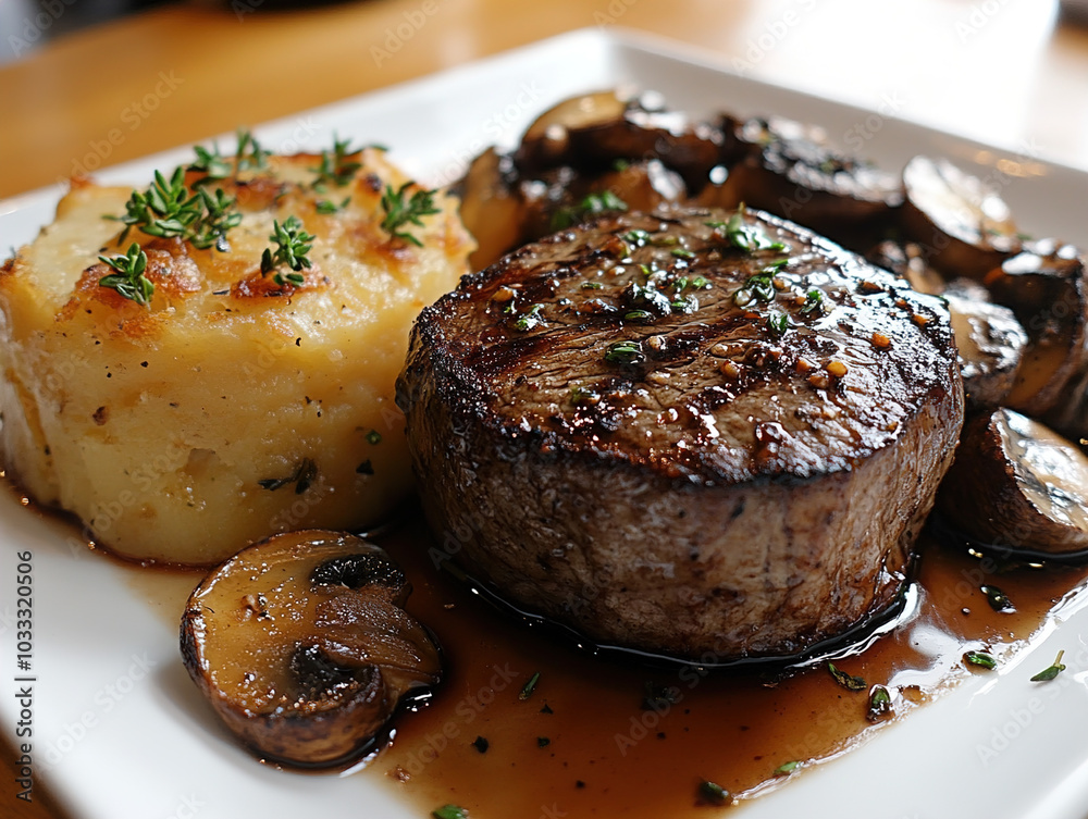 Medium-rare filet mignon with a balsamic glaze, sautéed mushrooms, and a creamy potato gratin, served on a minimalist white square plate, in a high-end restaurant. Medium-rare filet mignon with a balsamic glaze, sautéed mushrooms, and a creamy potato gratin, served on a minimalist white square plate, in a high-end restaurant.
