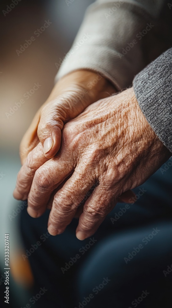 Fototapeta premium Close-up of Elderly Hands Holding Each Other: A Symbol of Love and Support