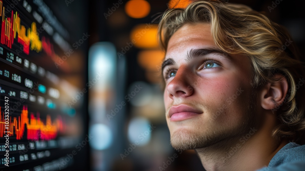 Focused Professional Man Analyzing Data on Large Digital Screen in Modern Office Focused Professional Man Analyzing Data on Large Digital Screen in Modern Office