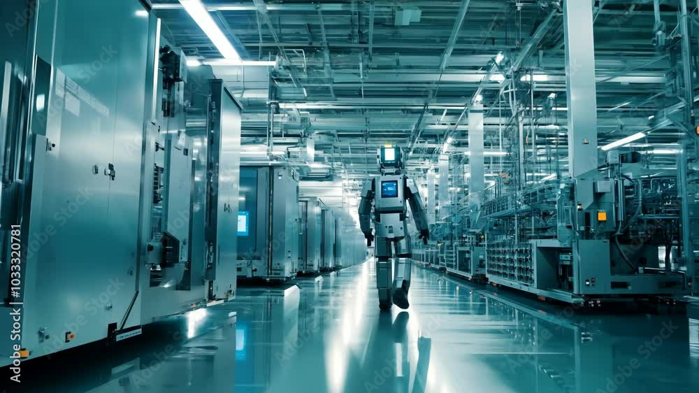 Innovative automation in action as a humanoid robot navigates a high-tech factory Innovative automation in action as a humanoid robot navigates a high-tech factory