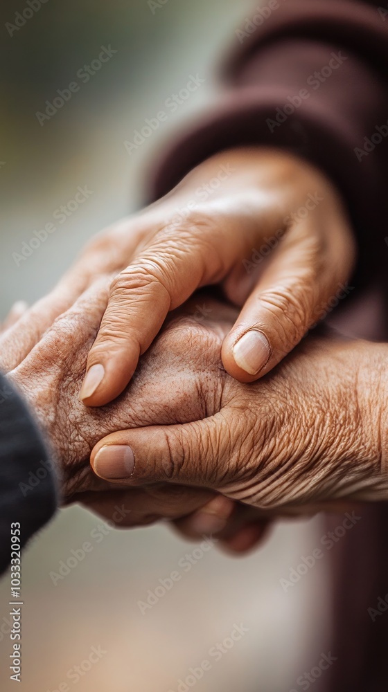 Fototapeta premium Close-Up of Elderly Hands Holding Each Other: A Symbol of Love and Support