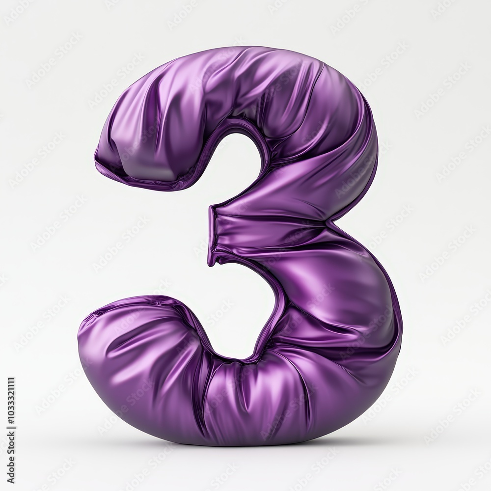 3D number 3 with Inflate, puffy shapes made of purple soft detailed leather, folds and wrinkles on material realistic modern design, soft lighting, white background 3D number 3 with Inflate, puffy shapes made of purple soft detailed leather, folds and wrinkles on material realistic modern design, soft lighting, white background