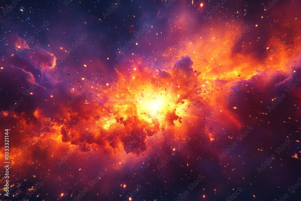 Cosmic Explosion in Space Red and Orange Nebula with Bright Stars Cosmic Explosion in Space Red and Orange Nebula with Bright Stars