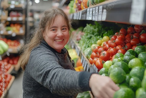 Cheerful woman with Down syndrome restocking fresh produce in a store, Generative AI photo