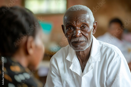 Old man in white shirt assists a nurse in taking care of patients at the health center.