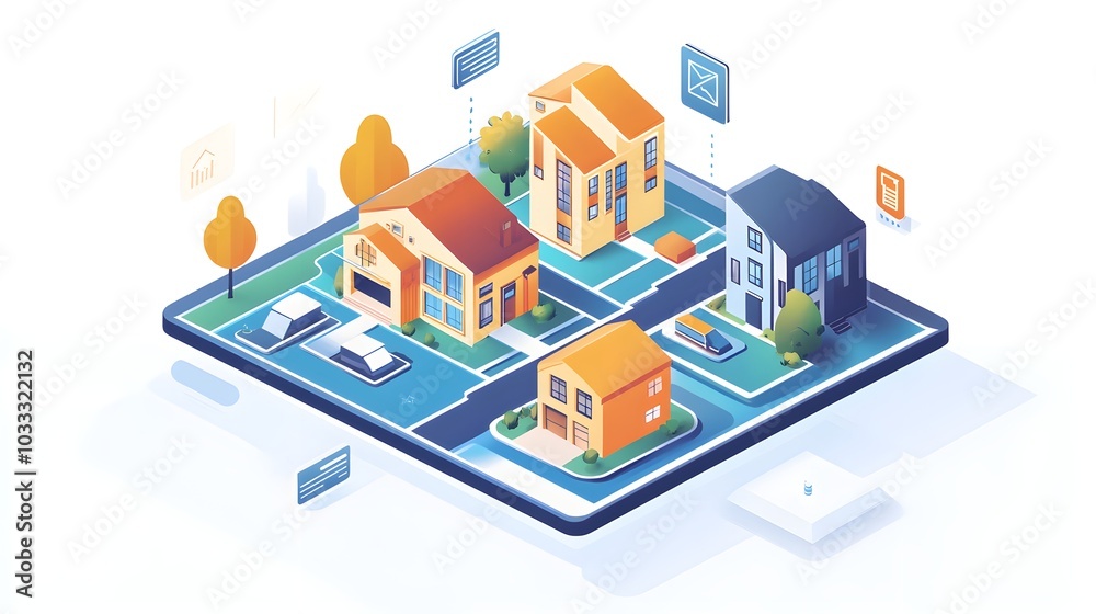 Smart City Isometric Illustration with Houses Cars and Apps Smart City Isometric Illustration with Houses Cars and Apps