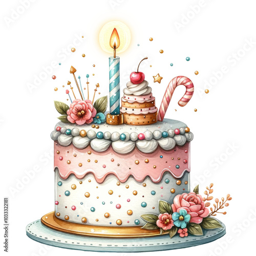 Decorated birthday cake with candle and whipped cream. Watercolor illustration for birthday celebration design.