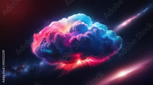 digital artwork featuring a vibrant, multicolored cloud set against a dark, cosmic background, displaying a rich blend of colors including pink, blue, purple, and orange