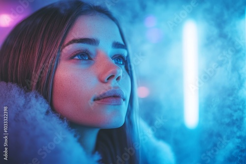 Young woman in a whole body cryotherapy cabin photo