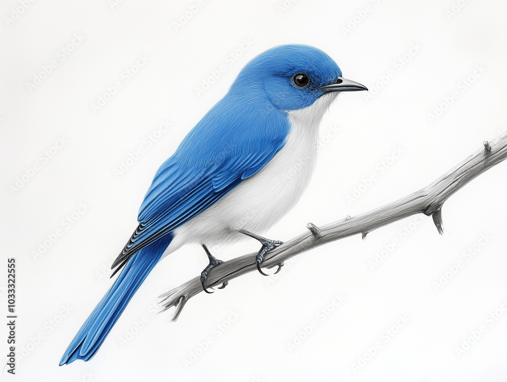 Serene Blue: A Perching Bluebird in Realistic Cobalt Blue Pencil Art Serene Blue: A Perching Bluebird in Realistic Cobalt Blue Pencil Art
