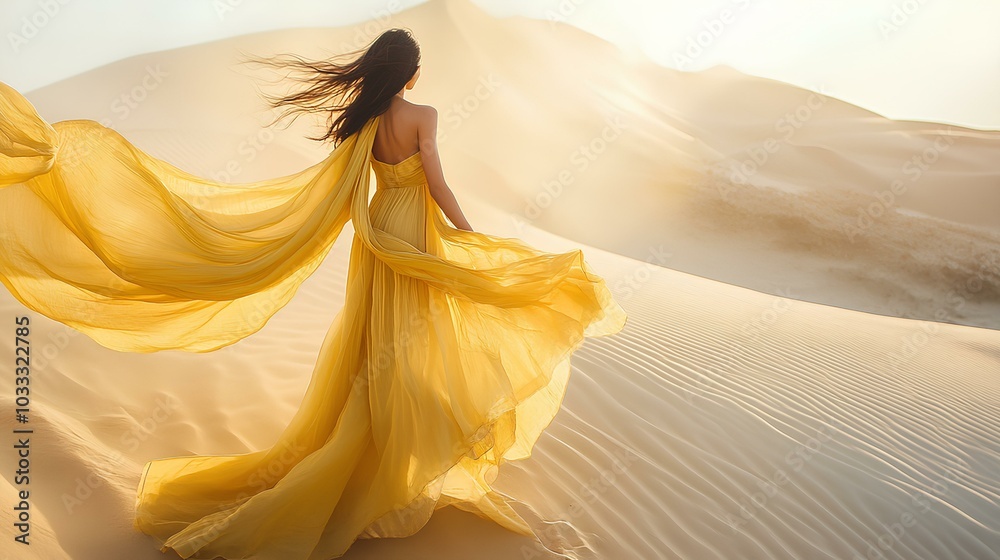 A woman in a flowing yellow dress dances gracefully in a sunlit desert, with golden sands and soft dunes creating a serene atmosphere. A woman in a flowing yellow dress dances gracefully in a sunlit desert, with golden sands and soft dunes creating a serene atmosphere.