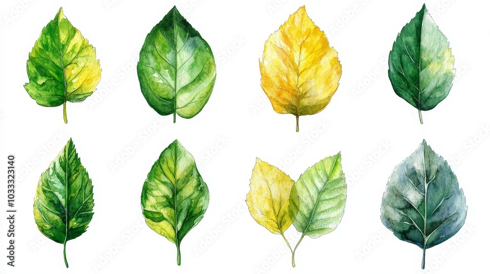 Watercolor Set of Green and Yellow Leaves  Isolated on White Background