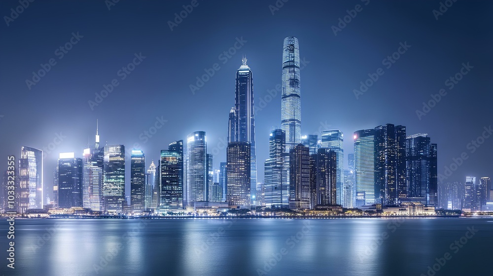 A stunning night skyline of a modern city illuminated by bright lights reflecting on the water. A stunning night skyline of a modern city illuminated by bright lights reflecting on the water.