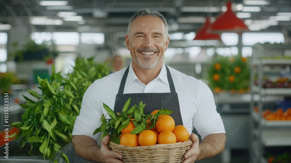 Happy Farmer Holding Basket of Fresh Oranges in Orchard Happy Farmer Holding Basket of Fresh Oranges in Orchard