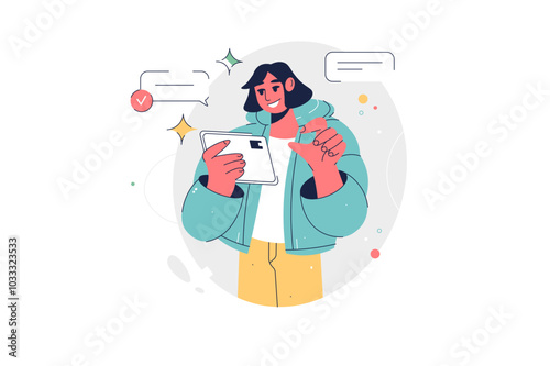 Girl using device texting, messaging or chatting with friends. Happy Character using tablet, messenger app. Flat Cartoon Vector Illustration, icon. Stylish colorful