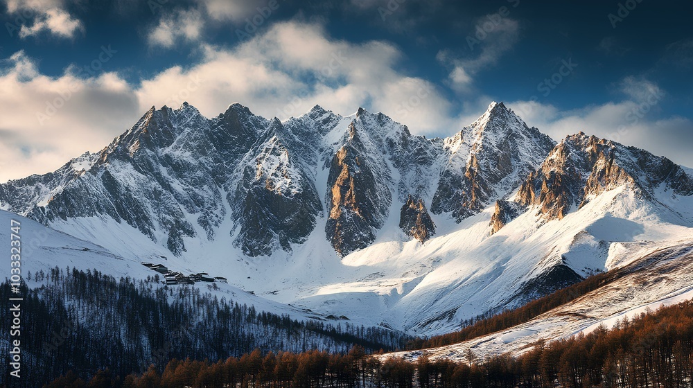 Fototapeta premium Majestic snow-covered peaks rise against a dramatic sky, showcasing the beauty of nature in a winter landscape.