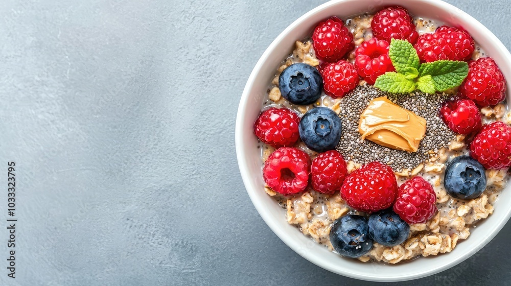 A delicious bowl of oatmeal topped with fresh raspberries, blueberries, a dollop of peanut butter, and a sprig of mint, perfect for a healthy breakfast. A delicious bowl of oatmeal topped with fresh raspberries, blueberries, a dollop of peanut butter, and a sprig of mint, perfect for a healthy breakfast.