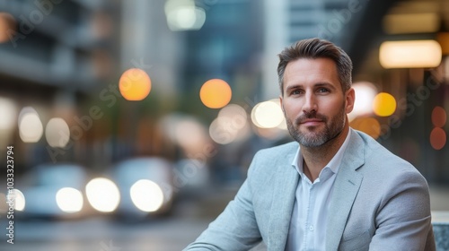 Man with a light beard in a light gray suit, sitting relaxed against a city street background with blurred vehicle movement